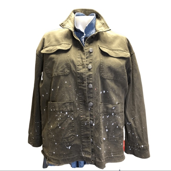 Splendid Women Cargo Military Paint Splatter Raw Hem jacket in EUC sz L - Picture 2 of 9